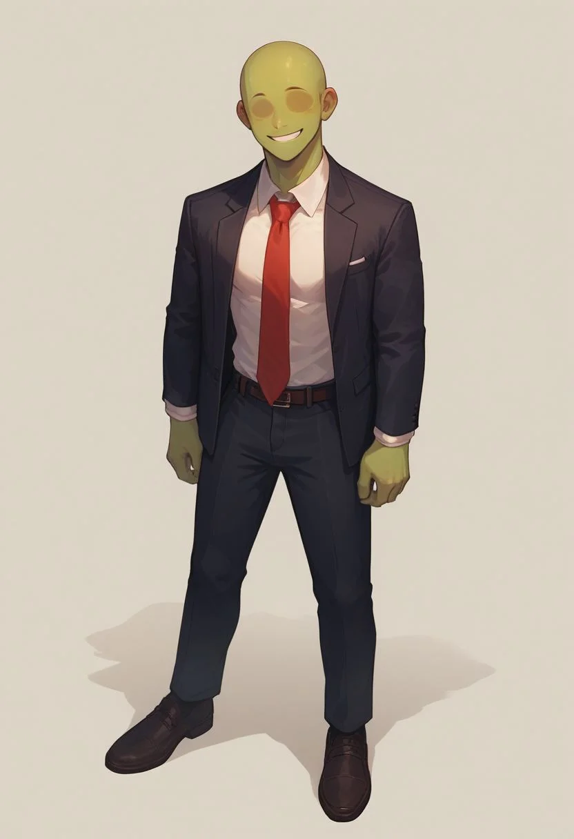 score_9, score_8_up, score_8,
1boy, solo, green skin, no eyes, no eyebrows, bald, black business suit, white under shirt, red tie, black suit pants, average body, full body, smiling, white background