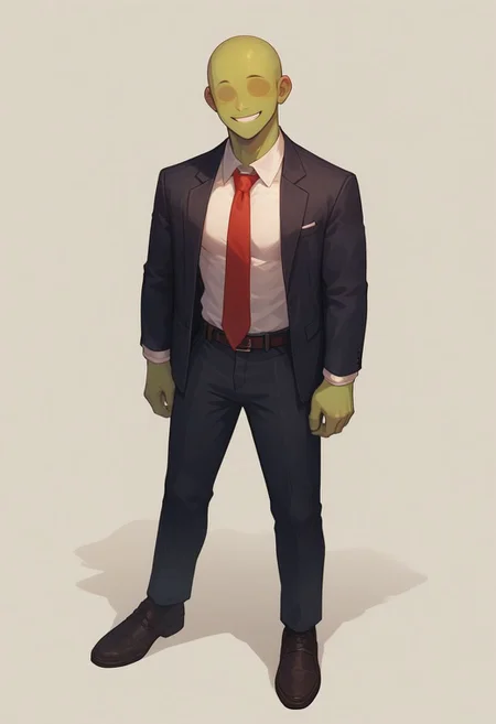 score_9, score_8_up, score_8,
1boy, solo, green skin, no eyes, no eyebrows, bald, black business suit, white under shirt, red tie, black suit pants, average body, full body, smiling, white background