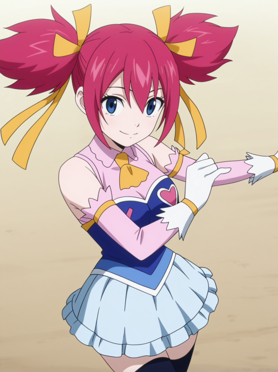 masterpiece, best quality, amazing quality, very aesthetic, absurdres, newest, anime screenshot,  anime screenshot,  <lora:SherriaBlendyIllust:1>sherriablendyillust, twintails, 1girl, ribbon, blue eyes, hair ribbon, pink hair, short twintails, skirt, thighhighs, yellow ribbon detached sleeves,  white gloves,  smile  simple background,  white background,  dancing  looking at viewer,