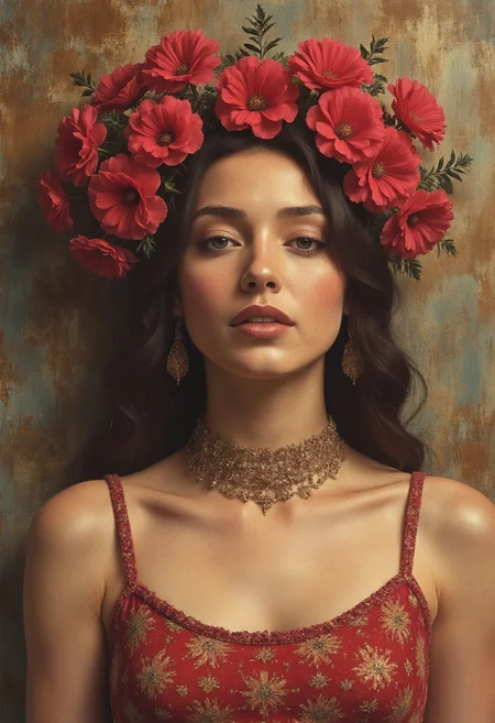 Full sexy female portrait, ornaments, flowers, golden jewelery, golden tattoos, fractal freestyles