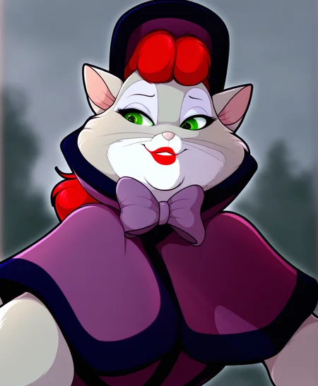 masterpiece, highly detailed, solo, miss kitty, female, green eyes, lipstick, red hair, bonnet, cloak, grey sky, by flittermilk, <lora:MissKittyXL_04-Noob-nd32-na32-lr2-ep15:1>