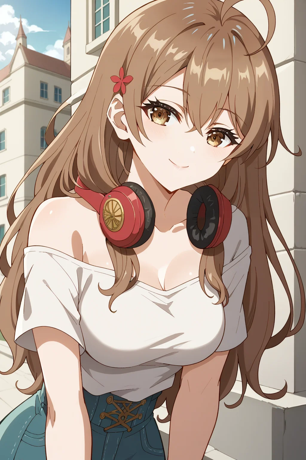 score_9, score_8_up, score_7_up, source_anime, 1girl, prefect lighting, very aesthetic, intricate details, highly detailed background, masterpiece, high quality, prefect hands, best quality, solo,
<lora:Maria_Roshidere_V1:.85>, KJOmaria, brown hair, brown eyes, hair between eyes, ahoge, long hair, hair hair ornament,
high waist jean, t-shirt, off shoulder, headphones around neck,
smile, leaning forward, holding bubble tea, head tilt, dutch angle,
outdoors, medieval city, smoke, gray sky,
(Beautiful, medium Breasts:1.2), natural breasts,