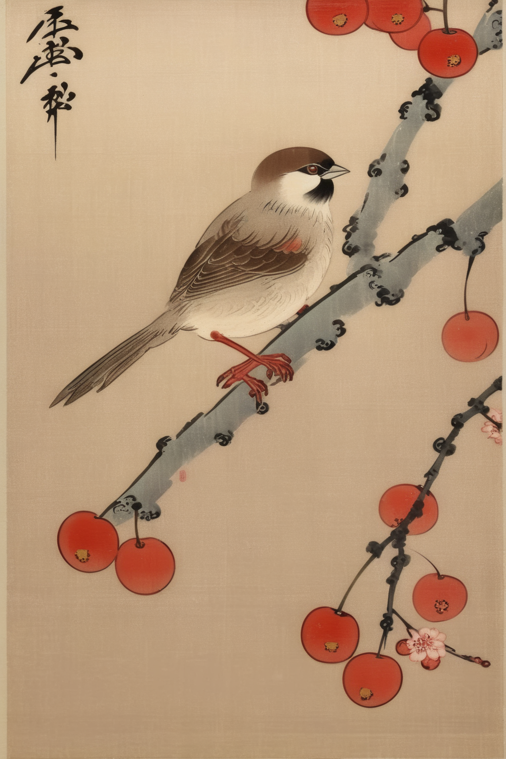 <lora:Ohara Koson Style:1>Ohara Koson Style - a sparrow on a cherry blossom branch in the style of Koson Ohara