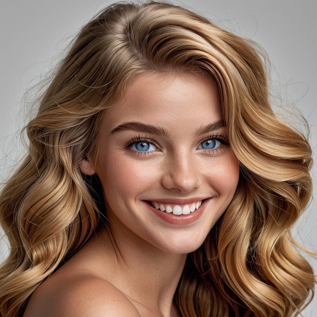 (masterpiece), (photo-realistic), studio close-up of a 21-year-old French-American woman, glowing fair skin, defined cheekbones, long caramel blonde waves, soft large blue eyes squinting slightly from a wide joyful smile, teeth showing, natural makeup with light gloss on lips, light grey background, softbox key light and warm fill light, fashion editorial expression
Perfect teeth, long wavy golden blonde hair, expressive eyes, nerissa_the_uncloaked