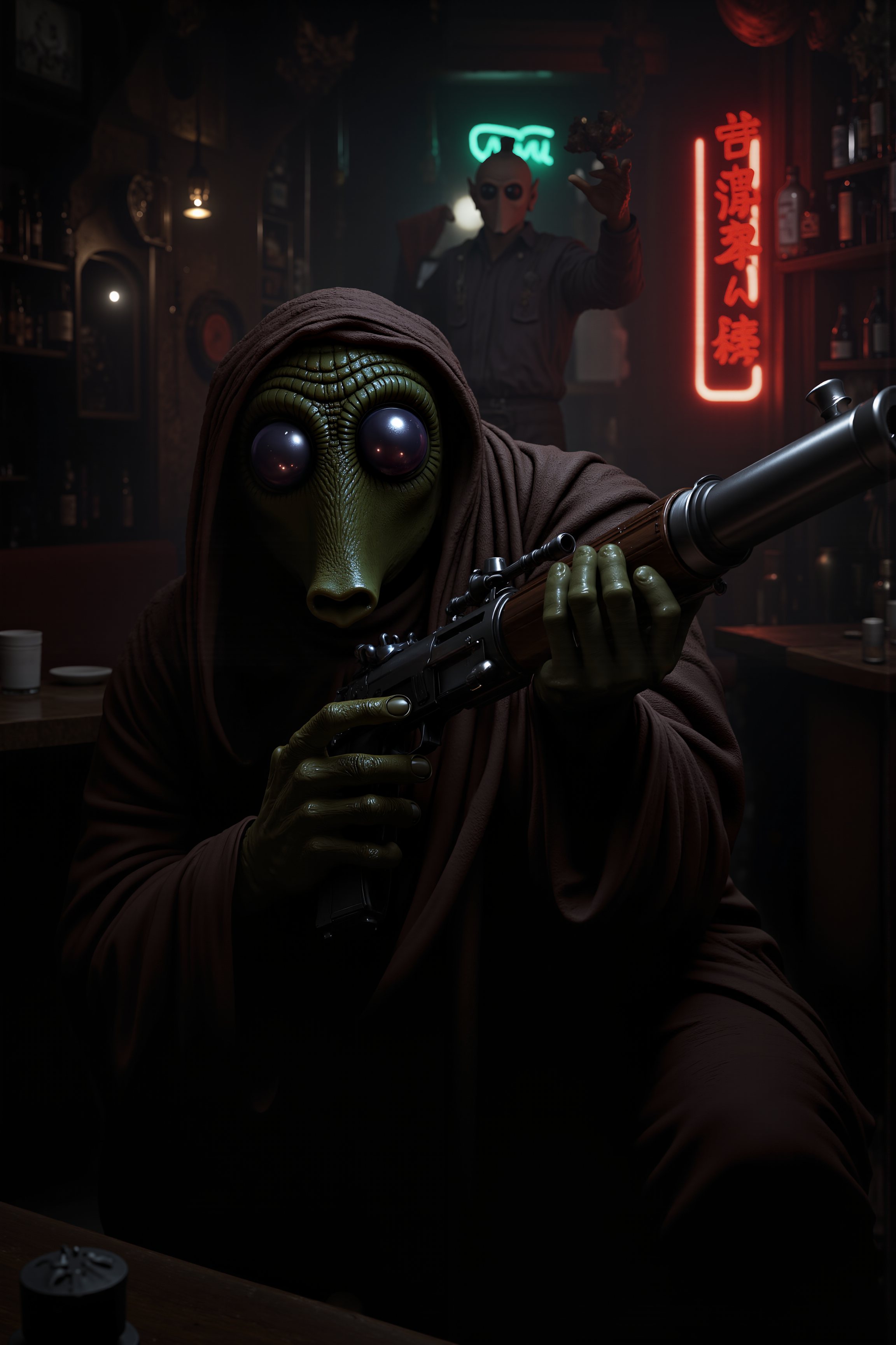 A hyper-realistic portrait, photorealistic photo close-up image of  A Rodian bounty hunter crouches in the shadows of a dimly lit cantina, his blaster drawn and aimed steadily at a distant target. His dark green skin is partially obscured by a weathered, brown cloak that blends perfectly with the grimy surroundings of the backwater world. The air is thick with smoke, and the sounds of drunken conversations and clinking glasses fill the room, masking the Rodianâs quiet movements. His large, reflective eyes scan the crowded cantina, tracking the movements of his mark, a notorious spice smuggler sitting at a table surrounded by rough-looking thugs. The flickering neon lights outside cast long, shifting shadows across the cantina floor, and the smell of stale ale and fried food lingers in the air. The Rodianâs hand tightens on the trigger of his blaster, his breathing steady and controlled as he waits for the perfect moment to strike. Behind him, a bartender polishes glasses absentmindedly, unaware of the deadly tension that hangs in the air. The bounty hunterâs heart beats calmly, his years of experience guiding him as he prepares to bring his quarry in, dead or alive. (photography, high-resolution, dynamic, energetic,hyper-realistic, dramatic lighting, shallow depth of field.), detailmaximizer, MythP0rt<lora:midjourney_whisper_flux_lora_v01:0.1><lora:aidmaMJ6.1-FLUX-V0.1:0.4><lora:FluxMythP0rtr4itStyle:0.4><lora:detailed_flux_ntc:2.2><lora:aidmaImageUpgrader-FLUX-V0.1:0.65><lora:RODIAN_1:1.1>