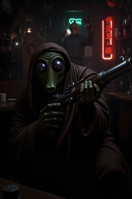 A hyper-realistic portrait, photorealistic photo close-up image of A Rodian bounty hunter crouches in the shadows of a dimly lit cantina, his blaster drawn and aimed steadily at a distant target. His dark green skin is partially obscured by a weathered, brown cloak that blends perfectly with the grimy surroundings of the backwater world. The air is thick with smoke, and the sounds of drunken conversations and clinking glasses fill the room, masking the Rodianâs quiet movements. His large, reflective eyes scan the crowded cantina, tracking the movements of his mark, a notorious spice smuggler sitting at a table surrounded by rough-looking thugs. The flickering neon lights outside cast long, shifting shadows across the cantina floor, and the smell of stale ale and fried food lingers in the air. The Rodianâs hand tightens on the trigger of his blaster, his breathing steady and controlled as he waits for the perfect moment to strike. Behind him, a bartender polishes glasses absentmindedly, unaware of the deadly tension that hangs in the air. The bounty hunterâs heart beats calmly, his years of experience guiding him as he prepares to bring his quarry in, dead or alive. (photography, high-resolution, dynamic, energetic,hyper-realistic, dramatic lighting, shallow depth of field.), detailmaximizer, MythP0rt<lora:midjourney_whisper_flux_lora_v01:0.1><lora:aidmaMJ6.1-FLUX-V0.1:0.4><lora:FluxMythP0rtr4itStyle:0.4><lora:detailed_flux_ntc:2.2><lora:aidmaImageUpgrader-FLUX-V0.1:0.65><lora:RODIAN_1:1.1>