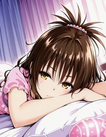 highres, best quality, masterpiece, Easter egg \\{concept\\}, \\{emergence\\}, pastel colors dominate the scene, \\{lighting\\}, nestled in a bed of \\{flowers\\}, soft-focus background, bokeh effect, natural light, ultra-fine details, digital painting., Mikan Yuuki, y mikan,brown hair,long hair,yellow eyes,hair ornament,hair bobbles,