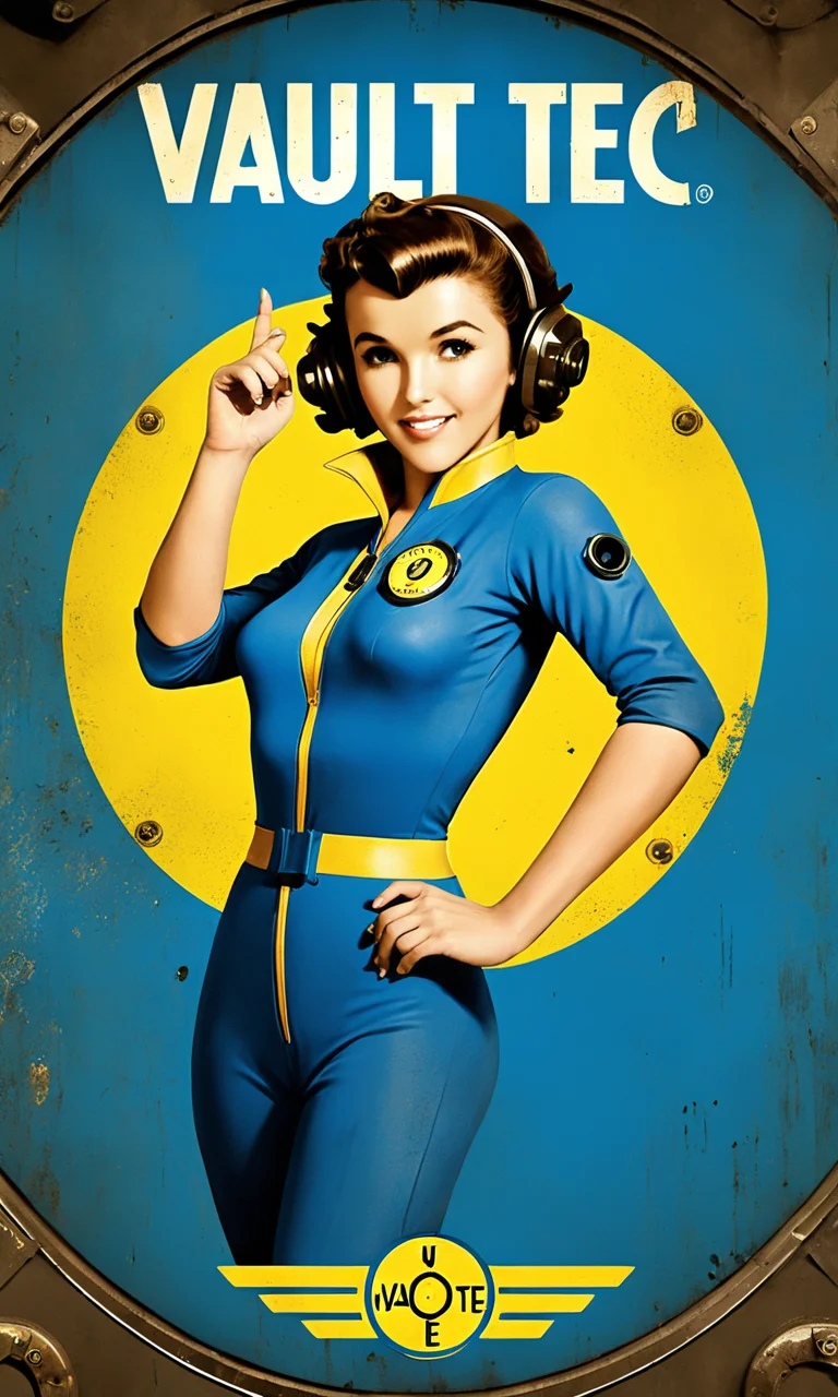 poster of a woman wearing blue and yellow vault jumpsuit in front of a vault, pip-boy watch, text "Vault-Tec", logo, falloutpostsdxl,<lora:falloutpostsdxl:0.8>, 1960s \(style\), distressed poster, cleavage, large breasts, dynamic pose,