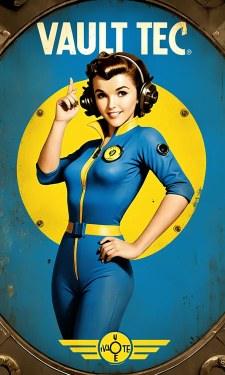 poster of a woman wearing blue and yellow vault jumpsuit in front of a vault, pip-boy watch, text "Vault-Tec", logo, falloutpostsdxl,<lora:falloutpostsdxl:0.8>, 1960s \(style\), distressed poster, cleavage, large breasts, dynamic pose,