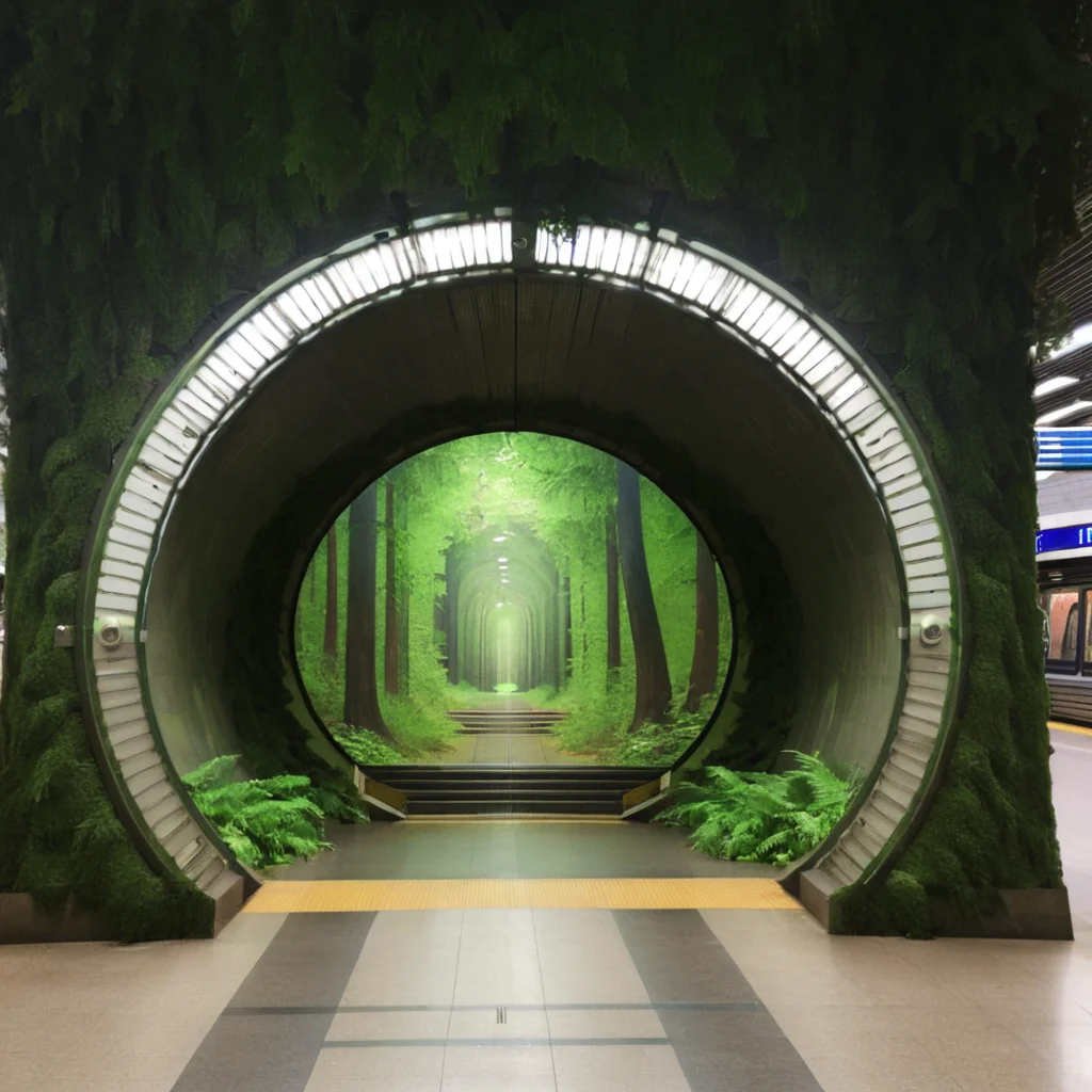 a forest portal in a metro station <lora:Metro:1>