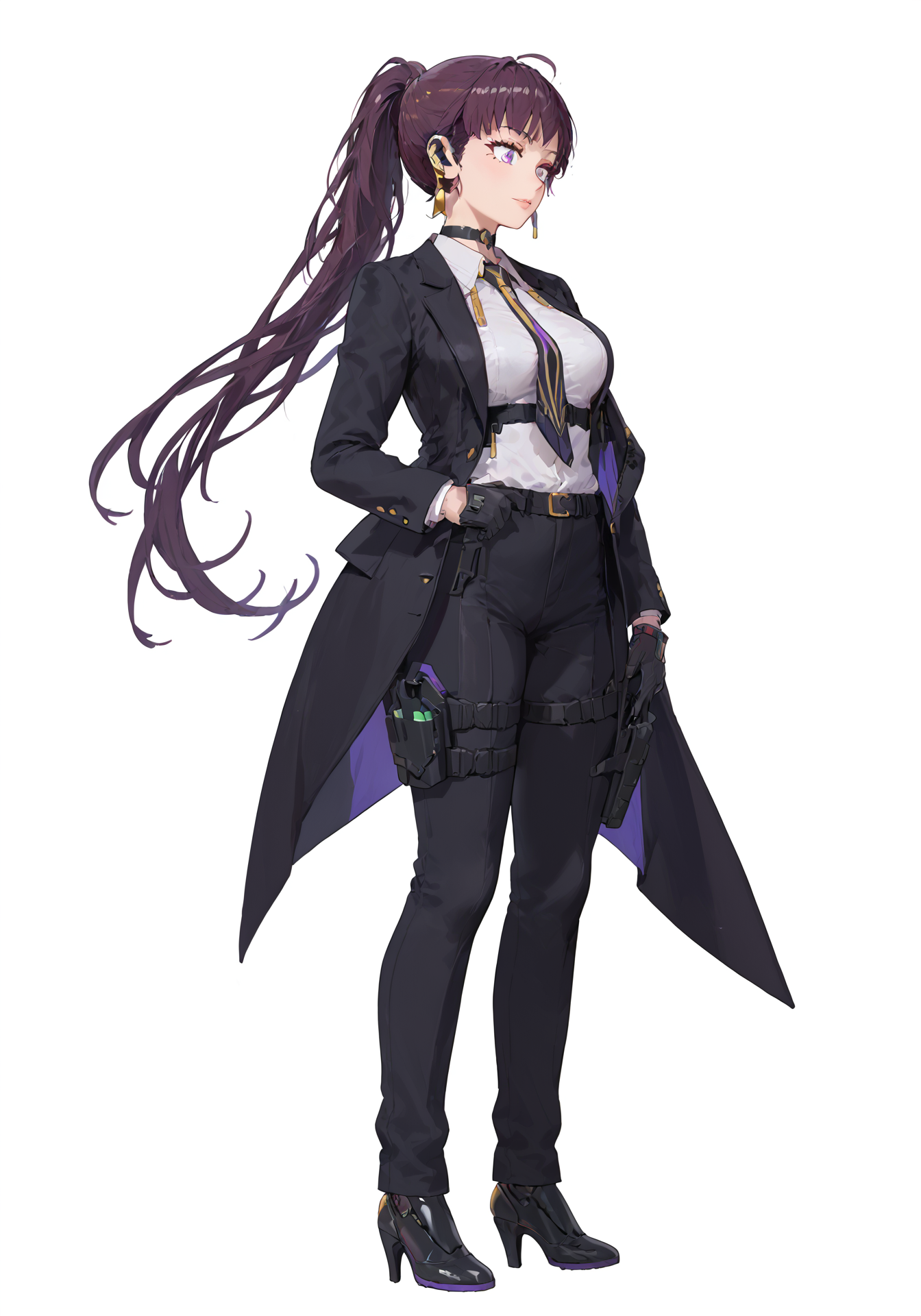 white background,simple background,1girl,nikkedollasuit,black mechanical boots,black pants suit,open clothes,earpiece,black gloves,golden jewelries on collar,dress shirt,golden earrings,black holster on thigh,black choker,buckle,golden purple black necktie,mole under eye,black suit jacket
standing,full body,
score_9,score_8_up,score_7_up,masterpiece,best quality,amazing quality,<lora:pony nikke dolla-000011:0.9>,
