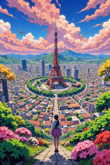 Tokyo, Japan beautiful anime landscape, cloudy sky, woman, very intricate, very detailed, sharp, bright, colorful, <lora:Hand v2:0.5> <lora:Anti-Blur:1><lora:Insane Detail Slider:0.25> <lora:flux.1_lora_flyway_Epic-detail_v2:0.3> <lora:fluxenhancer:0.25> <lora:ROWER:0.6> <lora:Niji Anime Scenic:0.8>