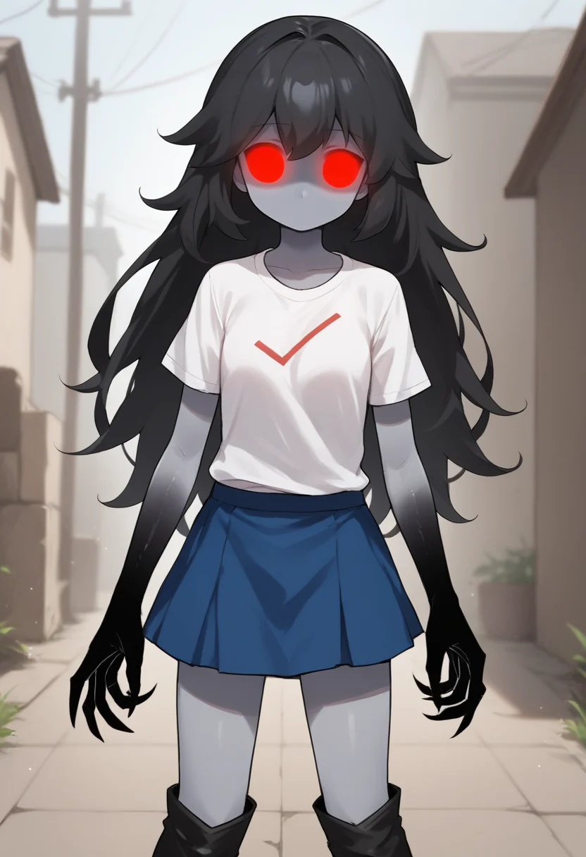 masterpiece, best quality, uncensored, source_anime BREAK score_9, score_8_up, score_7_up, score_6_up, score_5_up, score_4_up, 1girl, solo, skymanifest, monster girl, colored skin, grey skin, long hair, black hair, no pupils, red eyes, glowing eyes, Expressiveh, no mouth, white shirt, short sleeves, blue skirt, black footwear, knee boots, black hands, outdoors <lora:Expressive_H:0.6> <lora:add-detail-xl:0.5> <lora:sky_friday_night_funkin:0.8>