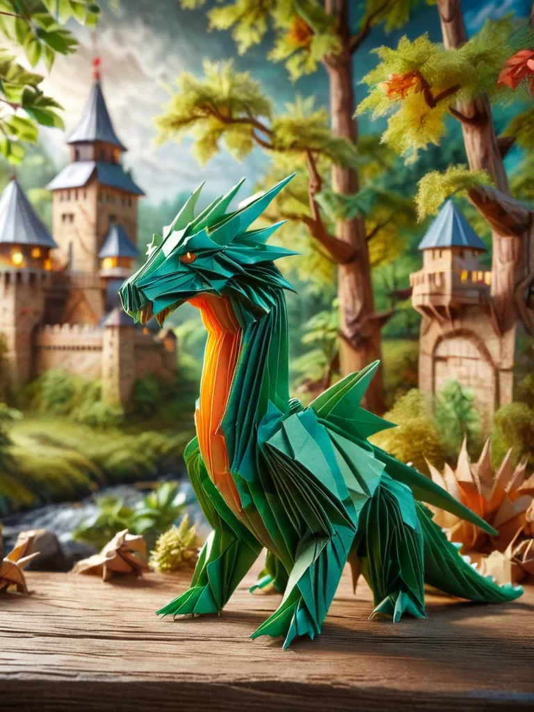 ral-orgmi, a origami paper dragon is standing on a wooden platform between castles <lora:ral-orgmi-sdxl:1>