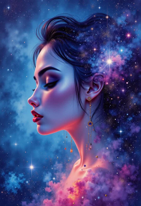 Jedwtrexp, watercolor, Portrait with Galaxy Hair, A close-up of a woman's profile, her hair transforming into a vibrant starry galaxy with constellations and nebulae,