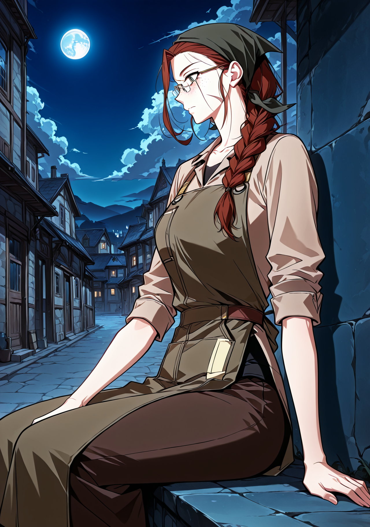 <lora:Eileen_Makefield__Omniscient_Readers_Viewpoint__Illustrious:1>
1 girl, solo, green eyes, red hair, brown hair, braid, single braid, long hair, freckles, head scarf, hair over shoulder, scar on face, braided ponytail,
black shirt, brown shirt, collared shirt, glasses, bandana, brown apron, collarbone, sleeves rolled up, 
score_9, score_8_up, score_7_up, score_6_up, source_anime, masterpiece, best quality, absurdres, highres, newest, anime coloring <break>  1girl, solo, sitting, on wall, from side, town, night sky, cloud, night, blue moon, <lora:iLLMythG0thicL1nes:1>