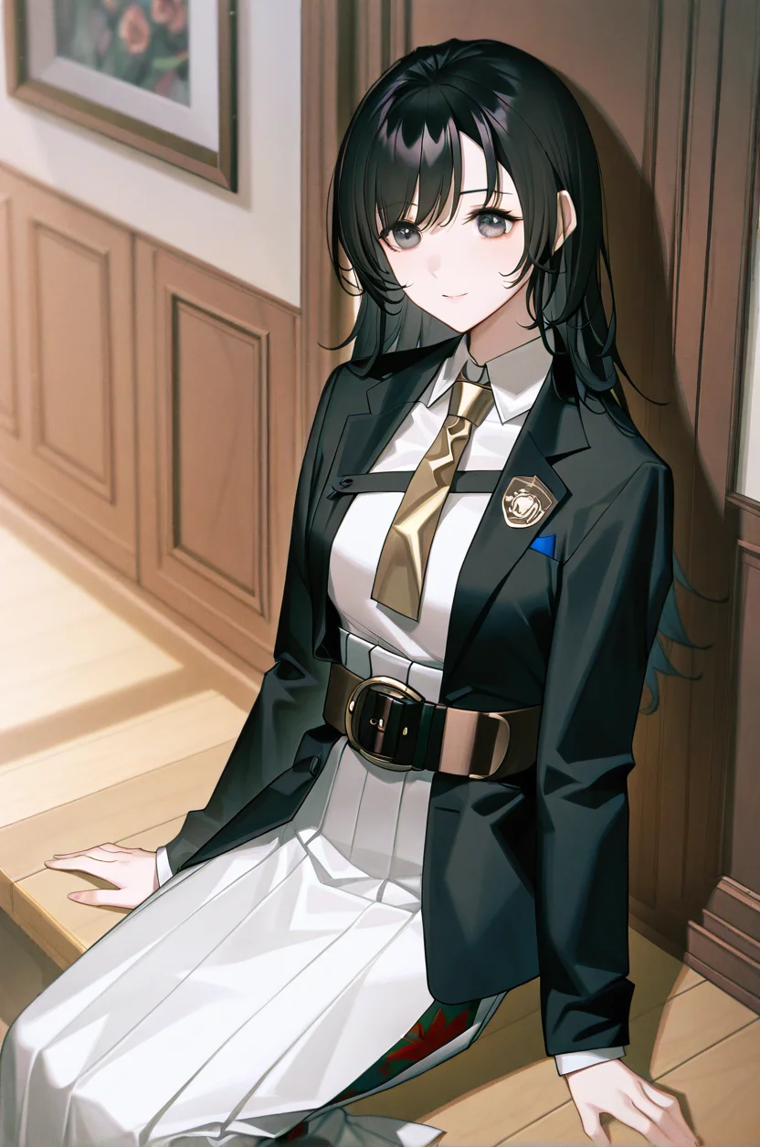 artist:gomzi,artist:wanke,artist:diyokama, rei_(sanbonzakura),[[artist:fuzichoco]],year 2023, 
school hall, solo, 
amiki sasara, grey eyes, black hair, long hair,
grey shirt, black blazer, medal, yellow necktie, square-end necktie, belt,
long skirt, white skirt, high-waist skirt, print skirt, layered skirt,  <lora:tce2_majorcharacters.ilxl:1.0>