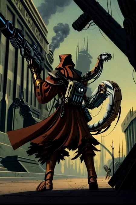((masterpiece,best quality)), absurdres, BREAK
mechanical arms, robes, hood, BREAK
((techpriest)), cyborg, mechanical face, mechanical limbs, gas mask, mechanical tentacles, (mechanical backpack), BREAK
1other, solo, holding pistol, firearm, handgun, pistol, gun, BREAK
factory background, smoggy sky, air pollution, smokestacks, BREAK
(tcw2003 style)