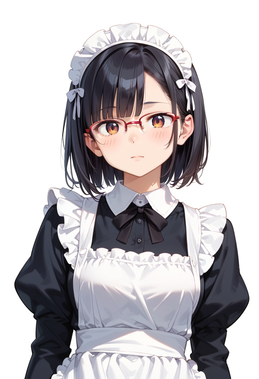 score_9, score_8_up, score_7_up, rating_safe, masterpiece, best quality, absurdres, unity 8k wallpaper, official art, official style, source_anime, uncensored, game cg, megami magazine,
1girl, solo, black hair, medium hair, upper body, covered eyes,maid, maid headdress, black dress, maid apron, face focus,
halfrim17s,  still life, white background, simple background, red-framed eyewear,
 <lora:glasses_halfrim17S_PONY_V1:1>