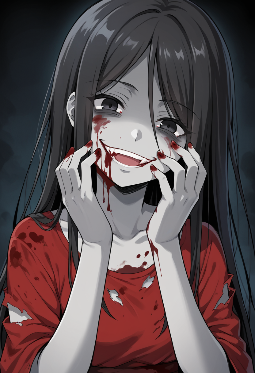 masterpiece, best quality, uncensored, source_anime, score_9, score_8_up, score_7_up, score_6_up, score_5_up, score_4_up, 1girl, solo, sachiko shinozaki, colored skin, grey skin. long hair, black hair, black eyes, red dress, torn clothes, yandere, evil smile, blood, blood on face, blood on clothes, blood on body, Yandere trance, hands on own face, hands on own cheeks, close-up, head tilt <lora:SachikoShinozaki:0.8> <lora:Yandere_Expression_v1.0:1>