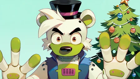 <lora:saucebear_ponyxl-10v1.2:1.7> score_9_up, score_8_up, score_7_up, source_furry, source_cartoon, outside, saucebear, bear ears, large canines, perfect canines, sabertooth, deep blue mini top hat, orange eyes, detailed eyes, green phalanges, four fingers, (((four fingers))), greenish-white body:1.2, (green color front, gray neck, metallic neck:1.5), wearing blue vest, loose vest, thin neck, solo, (looking at viewer), perfect body, detailed hands, toony hands, toony body, toony head, zPDXL2, detailed hat, male focus, nice background, (flat chest), fluffy head:0.8, BREAK, winter scene, christmas tree, christmas scene
<lora:big_eyes_v1:1.0> <lora:zy_Detailed_Backgrounds_v1:0.3>
