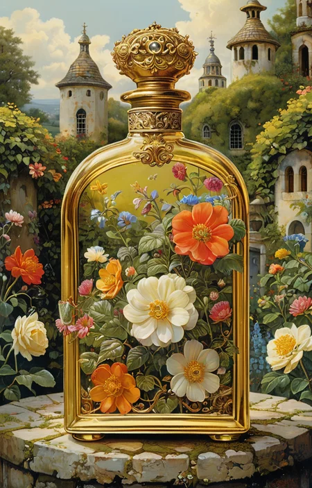 masterpiece,best quality,<lora:tbh330-sdxl:0.6>,illustration,style of James C. Christensen A bottle of perfume in garden