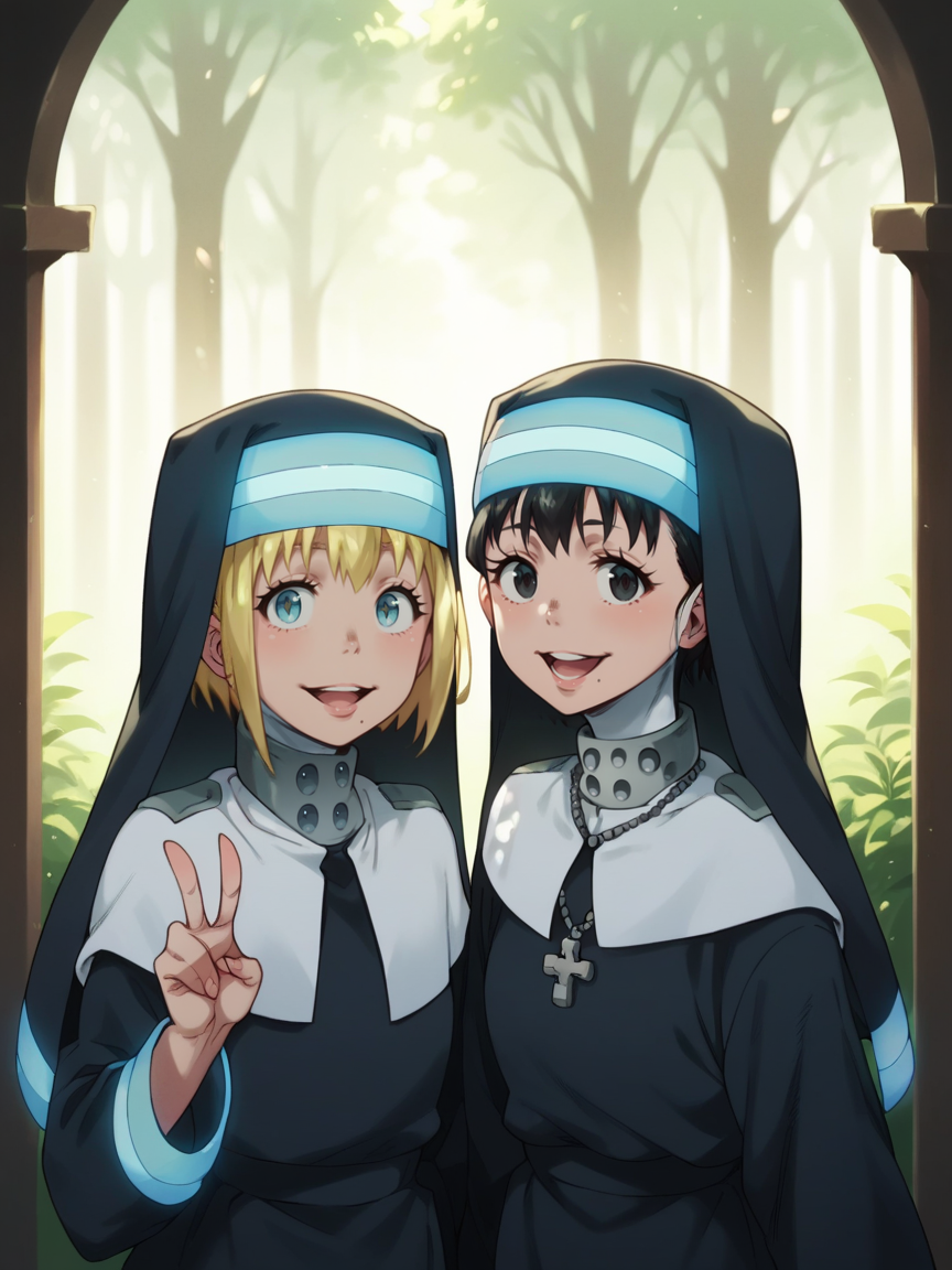 score_9, score_8_up, score_7_up, score_6_up, score_5_up, <lora:fforceXLP:1> fforce, 2girls, multiple girls, nun, blonde hair, mole, habit, mole under mouth, black hair, jewelry, necklace, open mouth, smile, v, shade, short hair, sunlight, dappled sunlight, looking at viewer