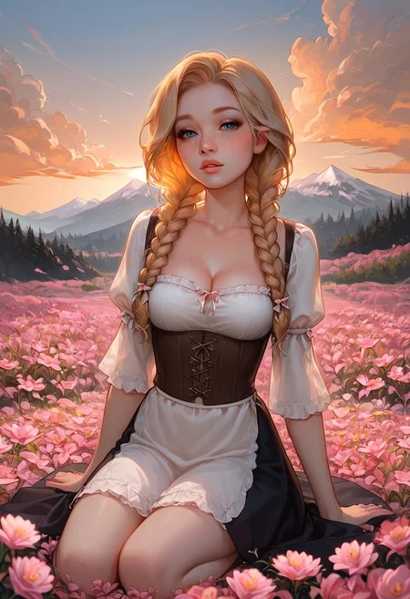 score_9, score_8_up, score_7_up, score_6_up, score_5_up, score_4_up, Expressiveh, 18 year old girl, cute innocent girl, petite, slender body, large perky round breasts, ((freckles)), ((full pouty lips)), slim legs, braided BLONDE hair, 2braids, fully clothed, wearing <lora:dirndl-ponyxl-lora-nochekaiser:1>, ((red and white)) dirndl, german clothes, collarbone, cleavage, underbust, waist apron,
1girl, kneeling in meadow of ((pink)) flowers, smelling flowers, spring flowers
outdoor, high in the swiss alps, on a mountain, mountain side, steep grassy hill with pink flowers, sunset, sunny weather, warm golden hour light, long shadows