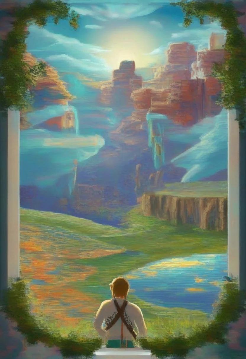 (painting), Hyrule landscape, focus is on Link from The Legend of Zelda, mysterious silhouette of Zelda, 1boy, 1girl, alluring, (oxygen-rich air and sheltered atmosphere, aesthetic of hard - edge painting:0.1),(ingenious opus magnum by Michael Vincent Manalo and Elvira Vigna:1.2), (pastel oil painting:0.1)amazing depth, double exposure, surreal, intricately detailed, bokeh, perfect balanced, deep fine borders, smooth, great masterwork by Suiras <lora:add-detail-xl:2> <lora:Double Exposure XL:0.5> , (brush strokes:0.6), high contrast, (paint drips:0.5), (dripping paint:0.6), (splatters:0.4), (dramatic:0.2), bright & hard colors, up close image of Link