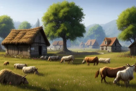 medieval, <lora:Medieval_Headwear:0.5> mehe, villager with a linen hood, wearing a linen shirt and trousers, carrying a bucket, weary and tired, showing signs of a long day's work and a weathered face,
<lora:FantasyFarm:0.6> fantfa, quiet medieval village outskirts with fields of crops and grazing animals,
morning, windy, dynamic light, HD, very detailed, <lora:more_details:1>