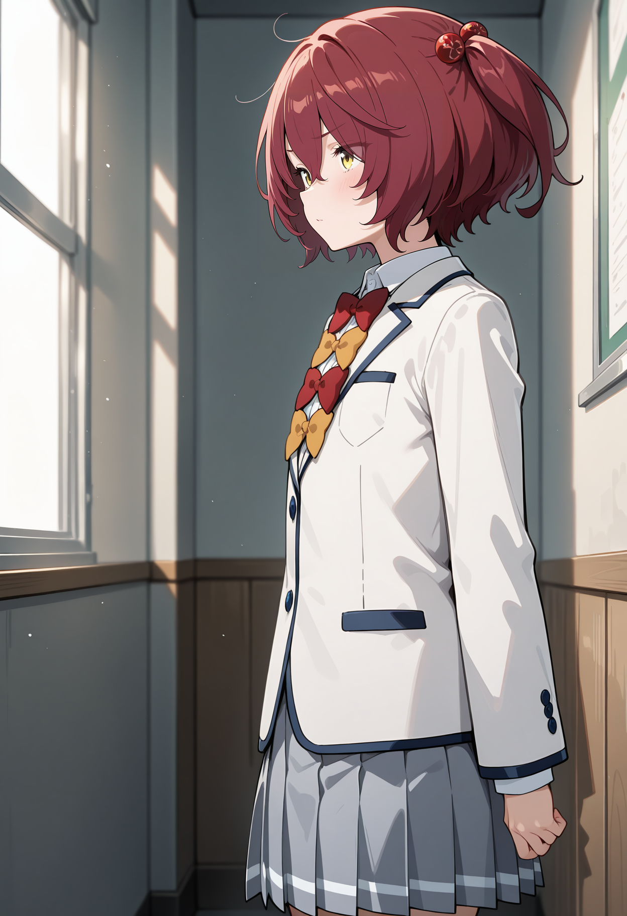 aakomari, short hair, red hair, one side up, hair bobbles, school uniform, red bow, yellow bow, collared shirt, blazer, white jacket, long sleeves, pleated skirt, grey skirt, <lora:komari_chika_ilxl_v1:0.9>, solo, from side, indoors, looking at another, frown, standing, cowboy shot, solo,
ultra-detailed, masterpiece, newest, best quality
