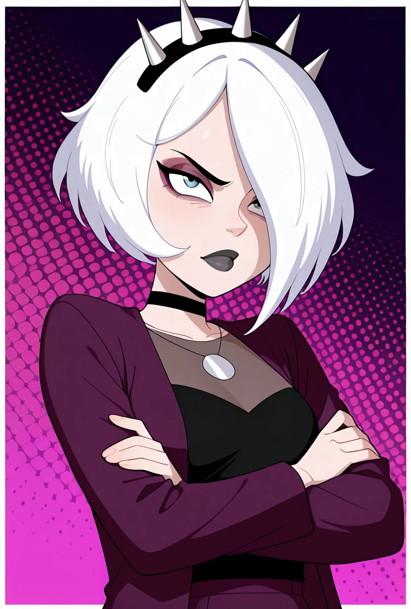 <lora:charmreb:1> charmreb, 1girl, white hair, short hair, spiked hairband, black choker, makeup, hair over one eye, eyeshadow, black lips, jacket, long sleeves, dynamic pose, purple background, crossed arms, masterpiece, best quality, amazing quality, very aesthetic, absurdres, newest,, upper body, halftone effect, white borders, abstract background:1.2,