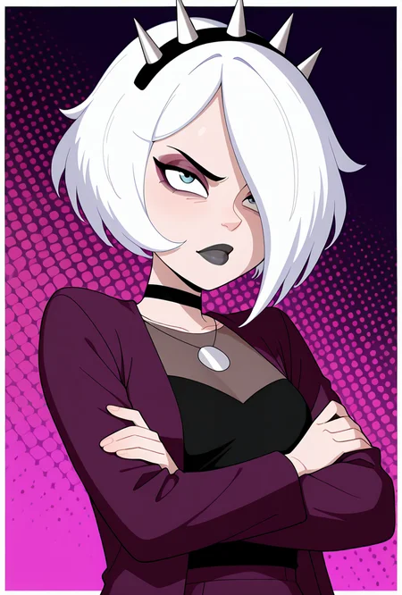 <lora:charmreb:1> charmreb, 1girl, white hair, short hair, spiked hairband, black choker, makeup, hair over one eye, eyeshadow, black lips, jacket, long sleeves, dynamic pose, purple background, crossed arms, masterpiece, best quality, amazing quality, very aesthetic, absurdres, newest,, upper body, halftone effect, white borders, abstract background:1.2,