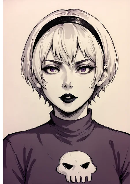 core_9, score_8_up, score_7_up, score_6_up, score_5_up, score_4_up, 1girl, white hair, black hairband, black lips, purple eyes, shirt print, <lora:Rose_Lalonde_-_outfits:0.8>, rosestart, shirt print, 1girl, solo, looking at viewer, short hair, monochrome, upper body, hairband, artist name, sketch, lips, makeup, traditional media, lipstick, portrait, skull, face focus, detailed face, BREAK source_anime