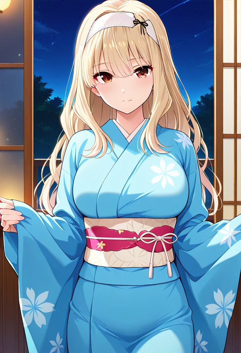 absurdres, best quality, masterpiece, amazing quality, highres, newest, detailed, source anime, anime coloring, beautiful, indoors, japan festival, night,
BREAK
1girl, solo, standing, KijHyou, brown eyes, blonde hair, long hair, white hairband, wavy hair, light smile, light blush, looking at viewer,
BREAK 
Adapted costume, kimono
