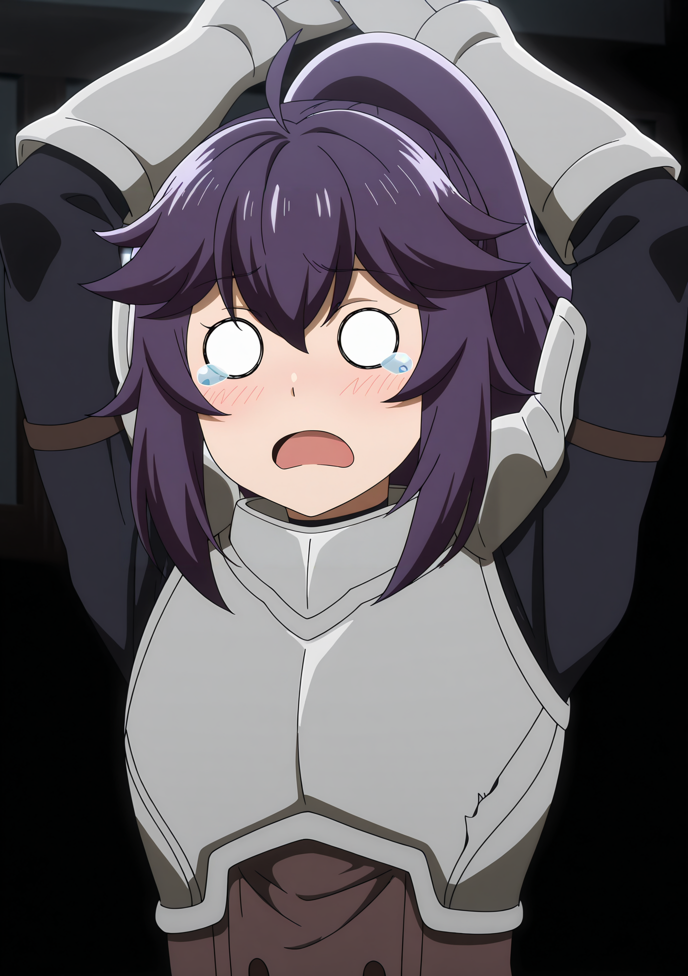 volumetric lighting, official style, amazing quality, ultra detailed, highres, detailed background,anime coloring, (anime screencap) masterpiece, detailed face,1girl<lora:Aul__:1>Aul, open mouth, armor, blush, purple hair, ponytail, tears, ahoge, arms up, long hair, bangs, gauntlets, upper body, hair between eyes, o_o, breastplate