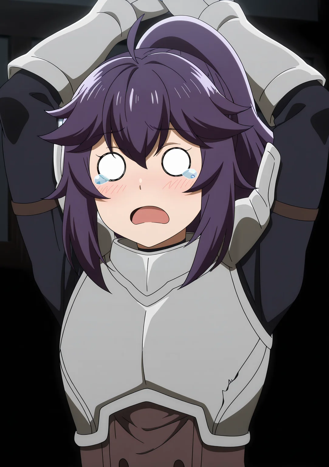 volumetric lighting, official style, amazing quality, ultra detailed, highres, detailed background,anime coloring, (anime screencap) masterpiece, detailed face,1girl<lora:Aul__:1>Aul, open mouth, armor, blush, purple hair, ponytail, tears, ahoge, arms up, long hair, bangs, gauntlets, upper body, hair between eyes, o_o, breastplate