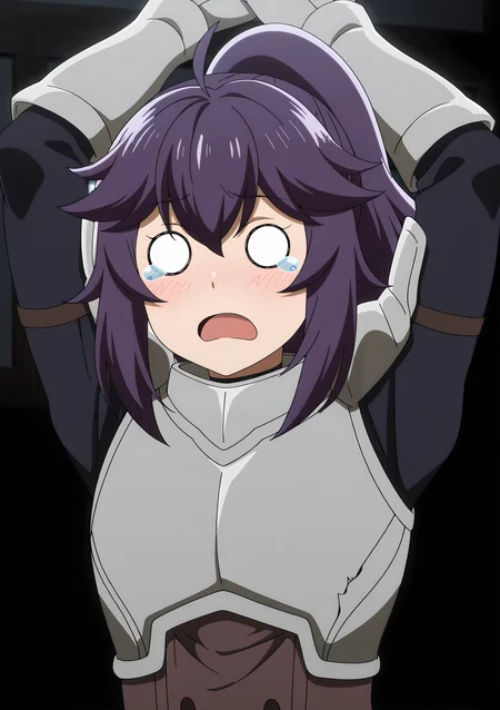 volumetric lighting, official style, amazing quality, ultra detailed, highres, detailed background,anime coloring, (anime screencap) masterpiece, detailed face,1girl<lora:Aul__:1>Aul, open mouth, armor, blush, purple hair, ponytail, tears, ahoge, arms up, long hair, bangs, gauntlets, upper body, hair between eyes, o_o, breastplate