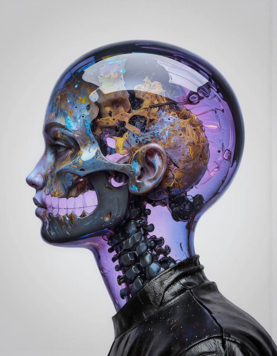 Delirium style. This is a highly stylized, digital artwork featuring a surreal, futuristic, and abstract representation of a woman's head. The artwork uses a mix of 3D modeling and digital painting techniques, creating a striking, otherworldly effect. The woman's face and head are depicted in a transparent, almost skeletal form, revealing a detailed, intricate interior with glowing, swirling purple and blue lights that evoke a sense of energy or data flow. Her skin appears metallic and reflective, suggesting advanced cybernetic enhancements or a futuristic, high-tech material. <lora:Bonafida.Studio:0.9> <lora:Fluxartis_Photography:0.8>