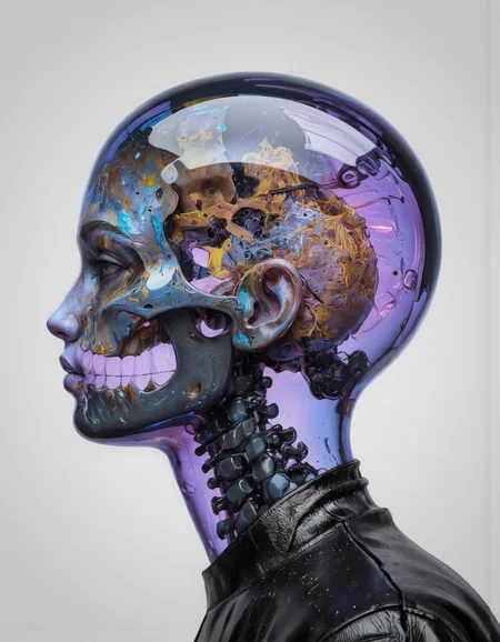 Delirium style. This is a highly stylized, digital artwork featuring a surreal, futuristic, and abstract representation of a woman's head. The artwork uses a mix of 3D modeling and digital painting techniques, creating a striking, otherworldly effect. The woman's face and head are depicted in a transparent, almost skeletal form, revealing a detailed, intricate interior with glowing, swirling purple and blue lights that evoke a sense of energy or data flow. Her skin appears metallic and reflective, suggesting advanced cybernetic enhancements or a futuristic, high-tech material. <lora:Bonafida.Studio:0.9> <lora:Fluxartis_Photography:0.8>