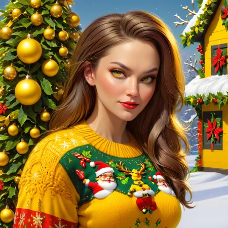 woman wearing a yellow, <lora:Ugly_Christmas_Sweater:1> uglyxmas, beautiful christmas scenery, snow outside, <lora:PerfectEyesXL:0.8> perfecteyes, Photo, colorful, vivid, beautiful, photorealistic, 16k resolution, intricate, highly detailed, gorgeous, 3D shading, by Greg Rutkowski,