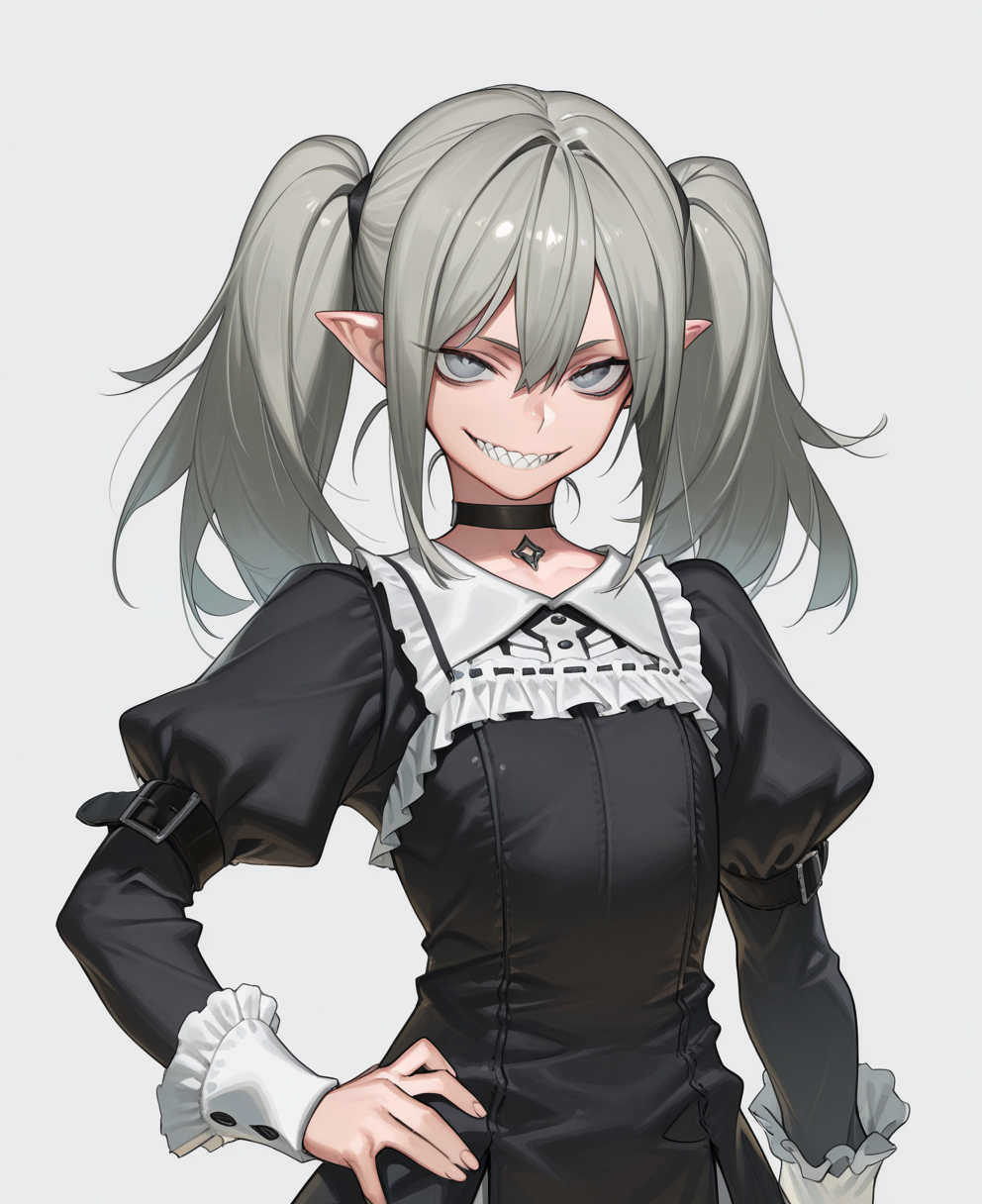 <lora:amrkdrw:1> amrkdrw,
(masterpiece), (best quality), (ultra-detailed), amazing quality, very aesthetic, illustration, perfect composition, intricate details, absurdres, incredibly absurdres, shiny skin, realistic,
 amrkdrw, 1girl, solo, black , sharp teeth, teeth, smile, twintails, grey eyes, pointy ears, white background, simple background, choker, arm belt, juliet sleeves, long hair, upper body, looking at viewer, long sleeves, grey hair, frills, , grin, hand on own hip, finger, black choker, dress, hair between eyes, puffy sleeves, collar, black dress, general