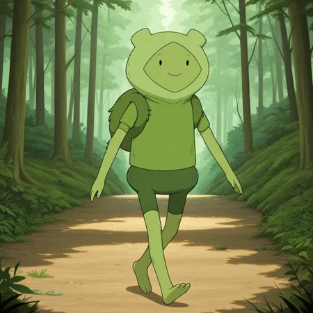 masterpiece, best quality, amazing quality, official style, f3rn, male, solo, humanoid, green body, black dot eyes, two toes, barefoot, green hoodie, green shirt, green backpack, short sleeves,  green shorts, walking, smile, outdoors, forest,