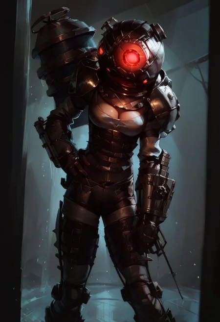 Score_9_up, score_8_up, score_7_up, 1girl, solo, big sister, diving suit, diving helmet, glowing eye, red eye, cleavage, big boobs, hands on hip