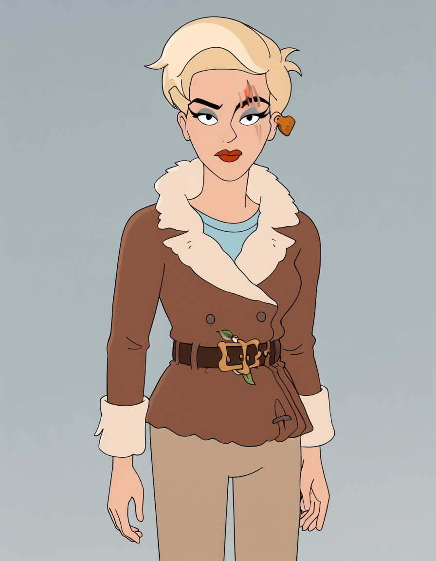 <lora:HarmonyPony1.0:1> harmony, 1girl, short hair,blonde hair, blue shirt, solo, scar across eye, makeup, ear tag, black eyes, coat, red lips, belt,pants,boots lipstick,simple background,  score_9, score_8_up, score_7_up, score_6_up, score_5_up, score_4_up, looking at viewer, cowboy shot