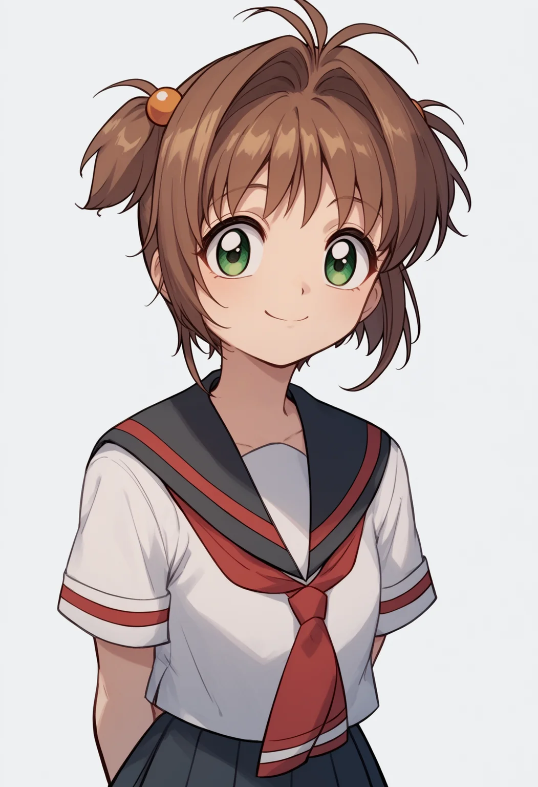score_9, score_8_up, score_7_up, score_6_up, score_5_up, score_4_up, BREAK, source_anime,
1girl, kinomoto sakura, antenna hair, brown hair, short hair, twintails, green eyes, white shirt, short sleeves, red neckerchief, sailor collar, school uniform, black skirt,
hands behind back, smile, upper body, looking at viewer, solo, simple background, white background <lora:SakuraCardCaptorXL:1>