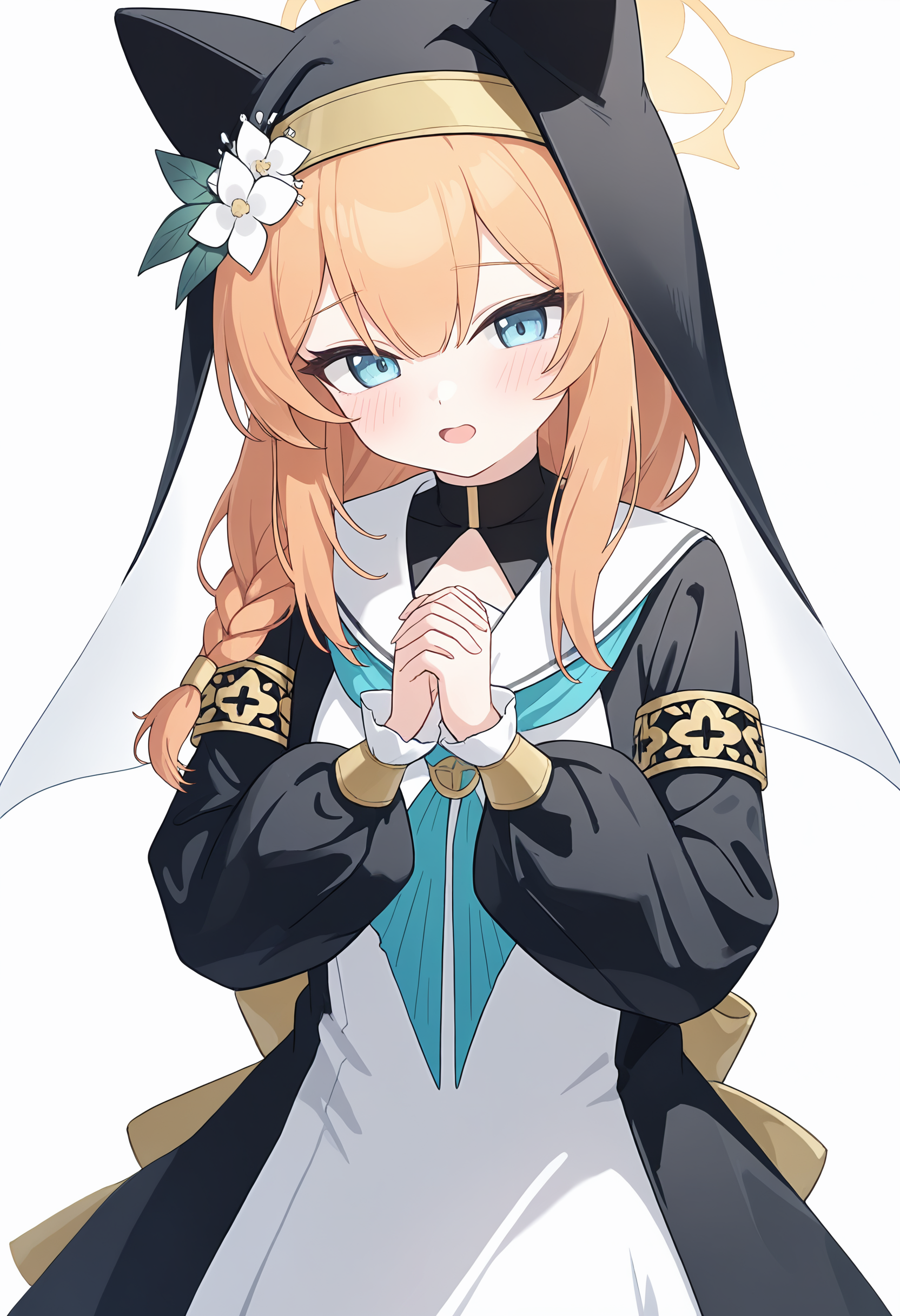 ,mari \(blue archive\), 1girl, solo, long hair, looking at viewer, blush, open mouth, blue eyes, simple background, long sleeves, white background, dress, hat, animal ears, hair between eyes, flower, puffy sleeves, hair flower, sailor collar, white dress, orange hair, halo, neckerchief, white flower, own hands together, puffy long sleeves, interlocked fingers, white sailor collar, hat flower, nun, habit, blue neckerchief, own hands clasped, yellow halo, animal ear headwear, coif,<lora:TestTestTest!\trained-000150.safetensors:0.95:1>,,embedding:lazypos, masterpiece,best quality,newest,absurdres,highres,very awa,detail background <lora:None:0.30000000000000004>