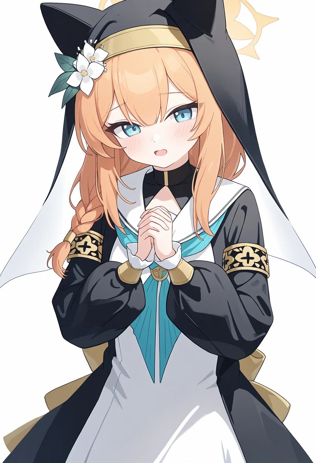 ,mari \(blue archive\), 1girl, solo, long hair, looking at viewer, blush, open mouth, blue eyes, simple background, long sleeves, white background, dress, hat, animal ears, hair between eyes, flower, puffy sleeves, hair flower, sailor collar, white dress, orange hair, halo, neckerchief, white flower, own hands together, puffy long sleeves, interlocked fingers, white sailor collar, hat flower, nun, habit, blue neckerchief, own hands clasped, yellow halo, animal ear headwear, coif,<lora:TestTestTest!\trained-000150.safetensors:0.95:1>,,embedding:lazypos, masterpiece,best quality,newest,absurdres,highres,very awa,detail background <lora:None:0.30000000000000004>