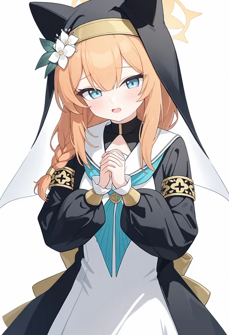 ,mari \(blue archive\), 1girl, solo, long hair, looking at viewer, blush, open mouth, blue eyes, simple background, long sleeves, white background, dress, hat, animal ears, hair between eyes, flower, puffy sleeves, hair flower, sailor collar, white dress, orange hair, halo, neckerchief, white flower, own hands together, puffy long sleeves, interlocked fingers, white sailor collar, hat flower, nun, habit, blue neckerchief, own hands clasped, yellow halo, animal ear headwear, coif,<lora:TestTestTest!\trained-000150.safetensors:0.95:1>,,embedding:lazypos, masterpiece,best quality,newest,absurdres,highres,very awa,detail background <lora:None:0.30000000000000004>