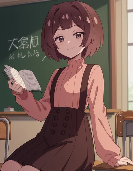 score_9, score_8_up, score_7_up, source_anime, <lora:sakura-sonoue-s1-ponyxl-lora-nochekaiser:1>, sakura sonoue, short hair, bangs, brown hair, brown eyes, hair intakes, bob cut,, skirt, long sleeves, sweater, suspenders, high-waist skirt, brown skirt, suspender skirt, pink sweater, classroom, chalkboard, day time, studying, sitting, chair, desk,, smile, looking at viewer, smug, solo,, cowboy shot, dutch angle